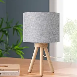 EDISHINE Nachttischlampe Holz, Vintage Tischlampe mit Stativ, Leinen Lampenschirm für Schlafzimmer und Wohnzimmer, Grau