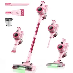 Dzaki kabelloser Akku-Staubsauger, 50.000 Pa, 55 Min. Laufzeit, selbststehend, Touch-Display, Anti-Tangle Bürste, HEPA-Filter, für Tierhaare, Allergiker, Teppich, Hartboden & Auto (Rosa)