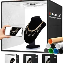 DUCLUS Fotobox 40x40 cm – Faltbares Lichtzelt mit 5500K LEDs und 8 Hintergründen