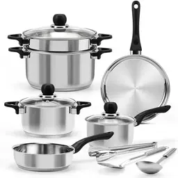 12-teiliges Edelstahl Topf- und Pfannenset, induktionsgeeignet, inkl. Dampfer und Utensilien, spülmaschinenfest