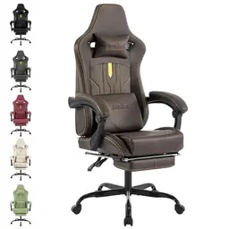 SUKIDA Gaming Stuhl mit Fußstütze und Lendenwirbelstütze, ergonomischer Bürostuhl, braun