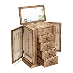 Emfogoo Schmuckkästchen aus Holz, 5 Ebenen für Ringe, Ohrringe, Halsketten und Armbänder mit Schubladen und Spiegel (Rustikal)