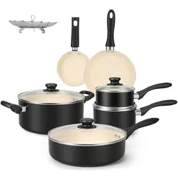 Amazon Basics 11-teiliges antihaftbeschichtetes Kochgeschirr-Set in Schwarz/Creme