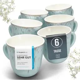 Steingut Kaffeetassen Set für 6 Personen in Blau-Beige - Stylische Tee- und Kaffeebecher