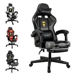 Future Warrior Ergonomischer Gaming-Stuhl mit Fußstütze, Kopf- und Lendenwirbelstütze, höhenverstellbar, schwarz-grau