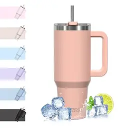 WATERSY 40oz Kaffeebecher to Go aus Edelstahl - Auslaufsicherer Thermobecher mit Griff und Strohhalm in Pink