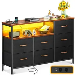 Coleshome Kommode mit 7 Stoffschubladen und LED-Streifen in Retro Farbe, 132x30x89cm