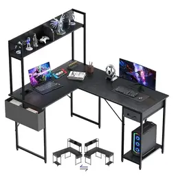 Yansee L-förmiger Schreibtisch mit LED, 140x110cm, Reversibel, mit Steckdosenleiste und Regal, Schwarz