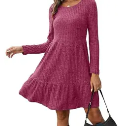 Yeenily Damen Pullover Kleid Rundhals Langarm Herbst Elegant Minikleid (Rosenrot, S)