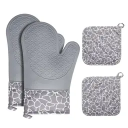 Cozary Ofenhandschuhe Set – 1 Paar hitzebeständige Handschuhe und 2 Topflappen in Grau