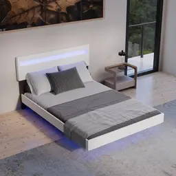 Juskys Schwebebett Lissabon 140x200 cm weiß mit LED und Lattenrost - Modernes Doppelbett