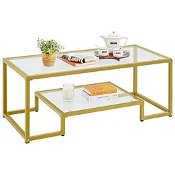 Yaheetech Couchtisch mit 2 Ablagen aus Hartglas und Metallrahmen, 106 x 50 x 45 cm, Senfgelb