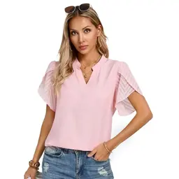 Kate Kasin Damen Bluse mit Kontraststoffen, Kurzarm, V-Ausschnitt, Business Casual, Pink, Größe L