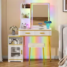 Lvifur RGB Schminktisch mit LED-Beleuchtung, Spiegel, Hocker und USB-Anschluss für Schlafzimmer