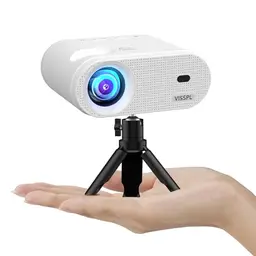 Kompakter Mini Beamer mit Stativ – Full HD, 50% Zoom, Trapezkorrektur, kompatibel mit HDMI, USB, iOS, Android
