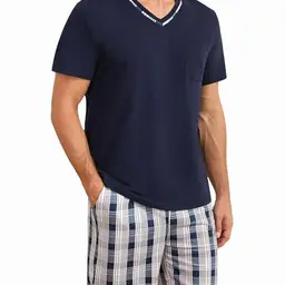 Demegimi Herren Schlafanzug kurz mit V-Ausschnitt - Baumwolle Shorty Pyjama mit karierter Hose