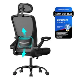 SONGMICS ergonomischer Drehstuhl mit Mesh, Lenden- und Kopfstütze, klappbare Armlehnen, Wippfunktion, 53 cm Sitzfläche, schwarz