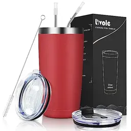 Livole Thermobecher 600ml für unterwegs, Edelstahl Becher mit Strohhalm und Deckel, rot