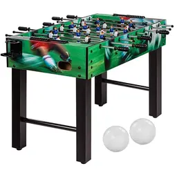 GAMES PLANET Tischkicker Glasgow - höhenverstellbar, mit 2 Bällen & Getränkehaltern, in Holz/Schwarz/Blau/Weiß, 5 Dekore