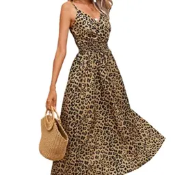 fdsmall Damen Midi Kleid - V-Ausschnitt, Spaghetti-Träger, Leopard, Locker, Gelb