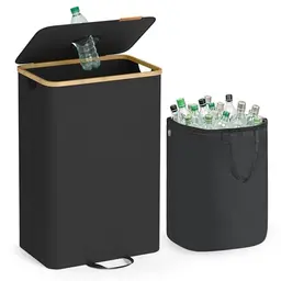 SONGMICS Pfandflaschen-Sammler, 95 L, mit Deckel, Innensack mit Griffen, schwarz-beige, ideal für Recycling