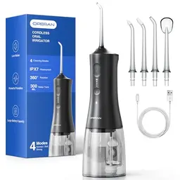 Kabellose Munddusche von Operan, Tragbar, 4 Modi & 4 Düsen, 300ML, Testsieger für reinigende Zahnreinigung (Schwarz, 1 Pack)