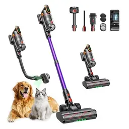 Fieety Akku Staubsauger 600W, kabellos, Tierpflegebürste, 65 Min Laufzeit, Wandladestation, 8-Schicht-Filtration, leise, für Tierhaare, Teppich, Hartböden, Auto
