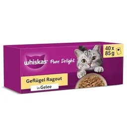 Whiskas 1+ Katzennassfutter Geflügel Auswahl in Gelee, 40x85g – Hochwertiges Futter für ausgewachsene Katzen