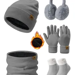 Niwicee Damen Winter Set: Mütze, Schal & Handschuhe, Fleece, Beanie, Ohrenschützer, Grau, 5 Teile