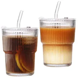 2er Set Trinkbecher mit Deckel und Strohhalm, 450ml - Ideal für Smoothies, Saft, Kaffee und Tee