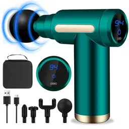 AQXONG Mini Muskelmassagepistole, Tragbares Massagegerät mit LCD Display, 6 Geschwindigkeiten, 4 Aufsätze (Grün)