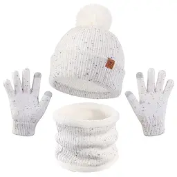 OZERO Beanie Mütze und Handschuhe Set für Kinder, Fleece, Winter, Weiß