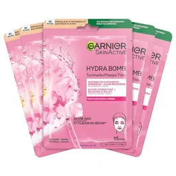 Garnier Tuchmasken-Set Sakura für fahl Haut, Feuchtigkeit & Glow, mit Hyaluronsäure & Sakura, 5x28g