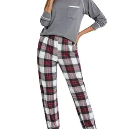 Ekouaer Damen Schlafanzug Langarm Pyjama Set aus Baumwolle mit Rundhals in Dunkelgrau