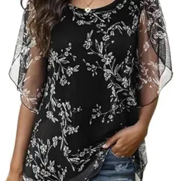 Timuspo Damen Chiffon Bluse mit Blumenmuster, rundhals, halbarm, elegant, schwarz