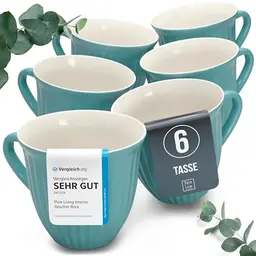Steingut Kaffeetassen Set für 6 Personen, Stylische Tee- und Kaffeebecher in Petrol