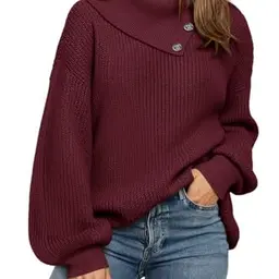 Fisoew Damen Oversized Rollkragenpullover mit Knöpfen - Casual Winter Sweater
