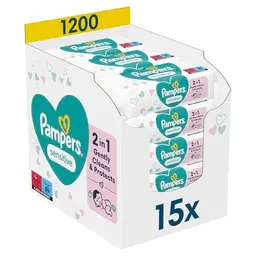 Pampers Sensitive Feuchttücher, 15 Packungen mit je 80 Stück, ohne Duft für sanfte Reinigung