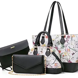 Bagsure Damenhandtasche 4-teiliges Set für Büro, Schule, Einkauf und Reise (Blumen)