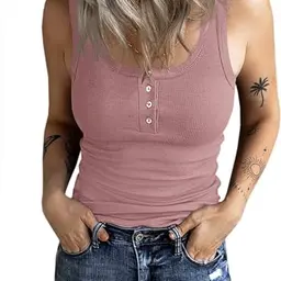 Fessceruna Damen Tops U-Ausschnitt Ärmellos Sommer Camisole mit Knöpfen (Dunkelrosa, S)