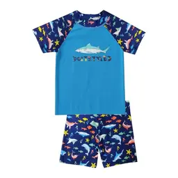 PANXUNSWIM Badehose und Badeshirt für Jungen, 3er Set, Meeresmuster, 8-9 Jahre, Blau
