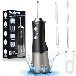 Vexloria Kabellose Munddusche - Tragbarer Water Flosser mit 3 Modi & 4 Düsen für effektive Mundpflege (Schwarz)