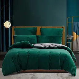 Plüsch Bettwäsche Set 200x220 cm in Dunkelgrün mit Kopfkissenbezügen 80x80 cm – Flauschige Wendebettwäsche