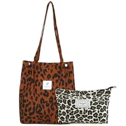 JIANGZHIB Cord Umhängetasche Damen, Tote Bag mit Kosmetiktasche und Organizer, Stofftasche mit Leopardenmuster für Alltag und Reisen