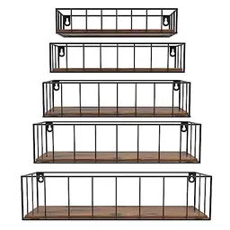 HORLIMER 5er-Set Wandregal mit schwarzen Metallstäben und braunem Holzbrett für Küche, Bad, Schlafzimmer und Büro