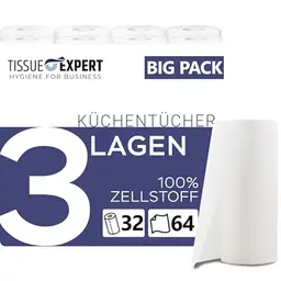 Tissue Expert Küchenrollen, 32 Rollen, 3-lagig, saugstark, 100% Zellstoff, Allzwecktücher