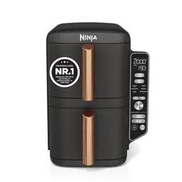 Ninja Double Stack XL Heißluftfritteuse, 9,5 L, 2 Schubladen, 6 Funktionen, platzsparendes Design, inkl. Zange, Schwarz/Kupfer