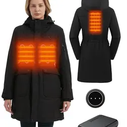 HEWINZE Damen beheizte Softshell-Langjacke mit abnehmbarer Kapuze und Akku, Wintermantel