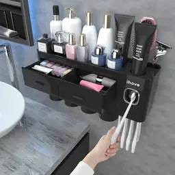 Wand-Zahnbürstenhalter mit Zahnpastaspender & Schublade, 4 Becher, Schwarz, ohne Bohren, Badezimmer Organizer für Elektrische Zahnbürsten