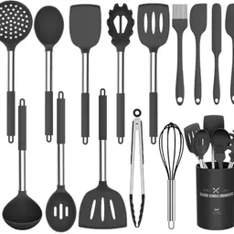 15-teiliges Silikon Küchenutensilien-Set, hitzebeständig, mit Edelstahl-Griff, spülmaschinengeeignet (Schwarz)